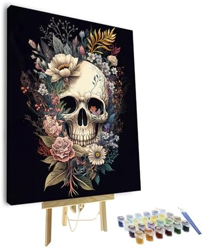 TUMOVO Paint by Numbers Skull with Flowers, Abstract Paint by Number for Adults, Adult Paint by Number Kits on Canvas Drawing Paintwork with Paintbrushes Art Crafts 16"x20"(with Frame)