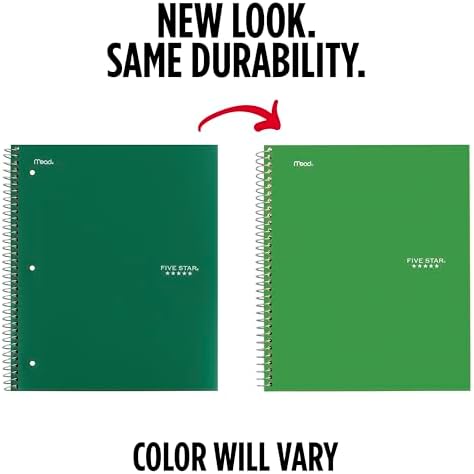 Five Star Spiral Notebook + Study App, 5 Subject, College Ruled Paper, 8.5" x 11", 200 Sheets, Green (Color May Vary) (72079)