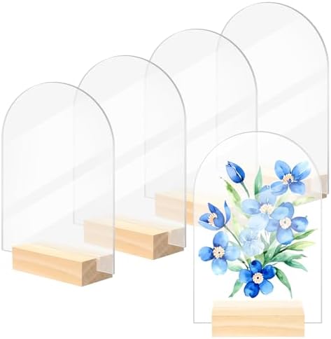 Bercoor 5 Pack 4x6 Inch Blank Clear Arch Acrylic Sign with Wooden Stands, Arched Round Top Acrylic Sheet, DIY Acrylic Arch Table Numbers for DIY Name Card Gifts Event Party Sign Decoration