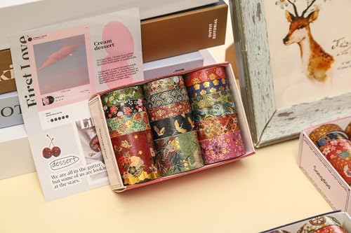 15 Rolls Japanese Sakura Washi Tape Set, Traditional Kimono Decorative Masking Tapes with Gold Foil, Cherry Blossom Arts for Craft, Scrapbook, DIY, Gift Wrapping (4-Kyoto Dance Grace)