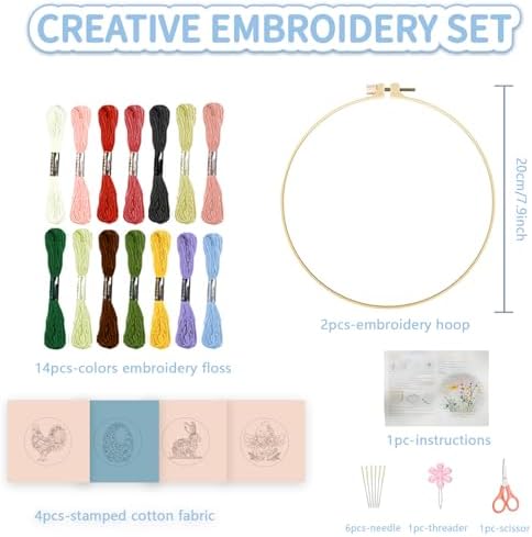 FREEBLOSS 4 Sets Embroidery Kit for Beginners Needlepoint Embroidery Starter Kit with Easter Floral Stamped Patterns, Instructions, Colored Threads, 2 Hoops 11.6"/29.5cm