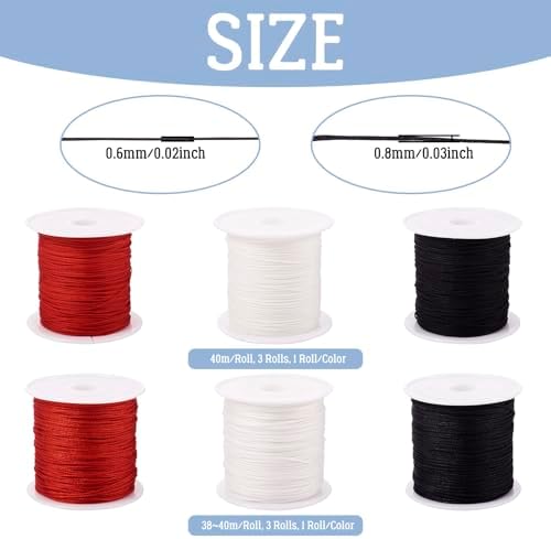 6 Rolls Nylon Cord Bracelets String 0.6mm 0.8mm Nylon Beading Thread 3 Colors Braided Chinese Knotting Cord for Macrame Friendship Bracelets Jewelry Making DIY Crafts