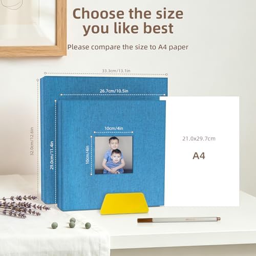 Popotop Photo Album Self Adhesive with Picture Display Window,60 Pages DIY Scrapbooking Supplies Kit for 4x6 10x12 Picture,Linen Cover Memory Book for Baby Wedding, with Scraper and Metallic Pen