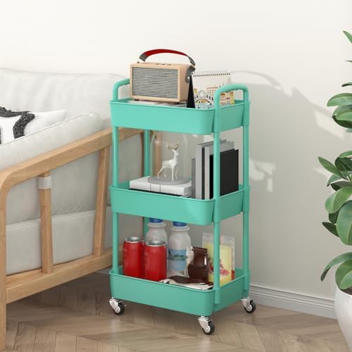 Sywhitta 3-Tier Plastic Rolling Utility Cart with Wheels for Storage, Green