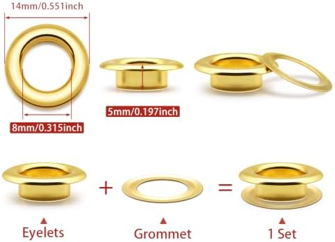 SEMINI 200 Sets 8mm Gold Grommet Eyelet Kit for Fabric Leather Crafts