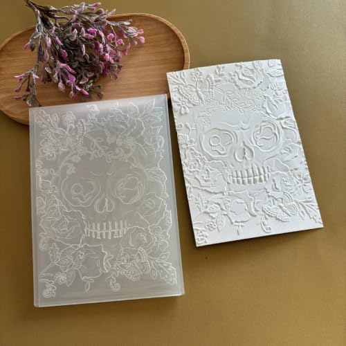 Skull Rose Butterfly 3D Embossing Folder, Gothic Floral Plastic Textured Stencil for DIY Halloween Scrapbooking Card Making Paper Crafts