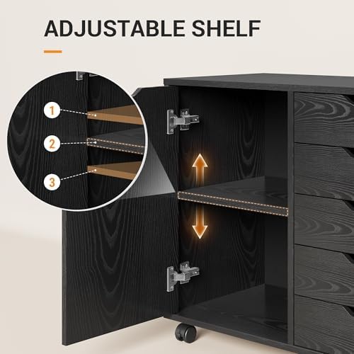 DEVAISE 5-Drawer Wood Drawer Cabinet, Office Storage Cabinet, Black | Craft Storage Cabinet, Under Desk Drawer, Rolling Cart Furniture, Adjustable Shelf & Wheels, Printer Stand, Home Office
