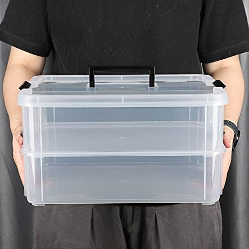 JUXYES 2-Tiers Plastic Stack Carry Storage Containers Box wih Handle Lids