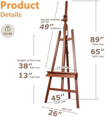 DJAR Large Floor Studio Art Easel for Painting, Sturdy and Durable, Walnut | Adjustable Artist Easel with Storage Tray, Holds canvases up to 49", Solid Beech Wood Display Stand for Adults & Beginners