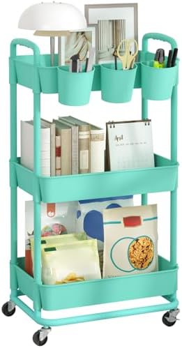 JIUYOTREE 3-Tier Plastic Rolling Storage Cart Utility Cart Green