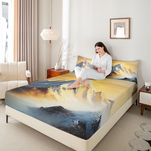 Natural Landscape Themed Bed Sheet Set King Size Golden Sunset White Snow Mountain Mattress Cover Artistic Sheets for Boys Girls Bedroom Golden with Flat,Fitted Sheet Pillowcase 4Pcs