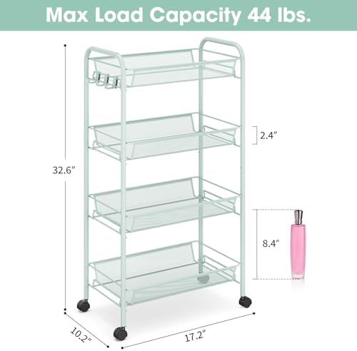 TOOLF 4 Tier Rolling Cart, Metal Utility Storage Cart with Wheels, Green | 3 Hooks, Screwless Assembly, Trolley Organizer for Bathroom, Kitchen, Office, Nursery, Dorm, Laundry Room