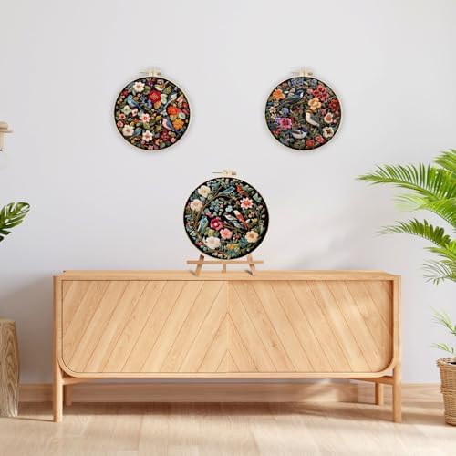 LB Red Floral Embroidery Kit for Beginners Adults, 3 Sets Hand Embroidery Starter Kit with Cute Bird Pattern and Instructions Stamped Cross Stitch Kits Include Embroidery Hoop Needles Threads Scissors