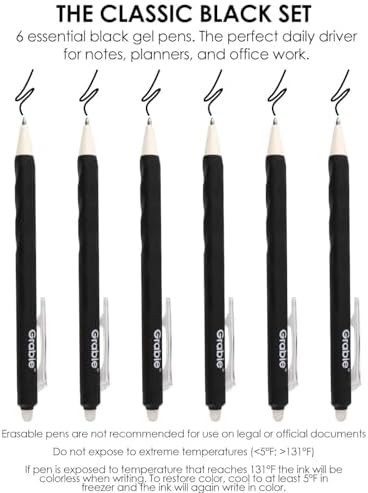 Grabie Erasable Gel Pens, 6 Black 0.7 mm Medium Point Pens | Heat-Sensitive Erasable Ink, Retractable Clip Design, Clean Erasing, Smooth Writing, Comfortable Grip, Quick Drying