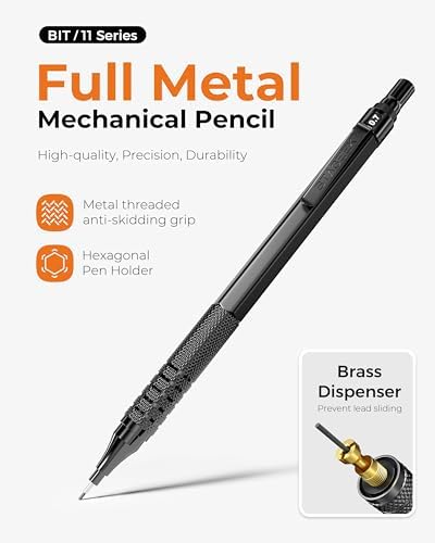 STAGEEK 30Pcs Black Metal Mechanical Pencil Set with Leather Case | 6PCS Art Drafting Pencils, 0.5, 0.7, 0.9, 2.0MM Mechanical Drawing Pencils with 300PCS(6B/4B/2B/HB/2H/4H/Colors)Lead Refills