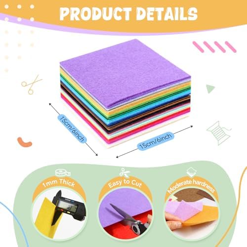 moinkerin 40Pcs Felt Sheets for Crafts with Thread 6"x6" Felt Fabric Sheets Assorted Colors 1mm Stiff Felt for Crafting DIY Handwork Sewing Patchwork (40 Colors)