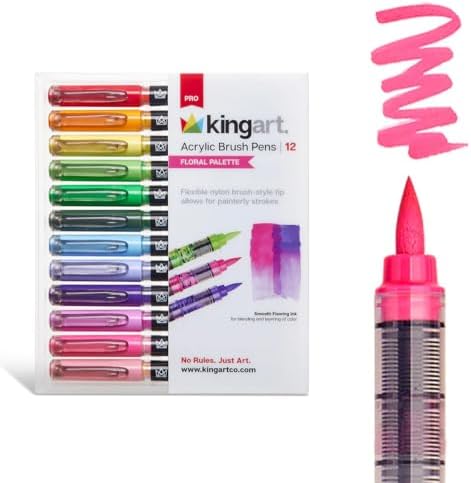 KINGART Acrylic Paint Markers Brush Tip, 12 Floral Colors. Water-based, no-bleed, waterproof pens with automatic ink control for rock, egg, wood, fabric, glass & DIY crafts