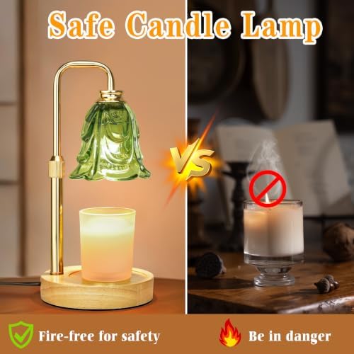 XJZJY Green Glass Flower Candle Warmer Lamp with Timer, Modern Home Decor | Dimmable wax melt warmer with 2 bulbs for jar candles, height adjustable, Green tulip design, home decor, housewarming gifts