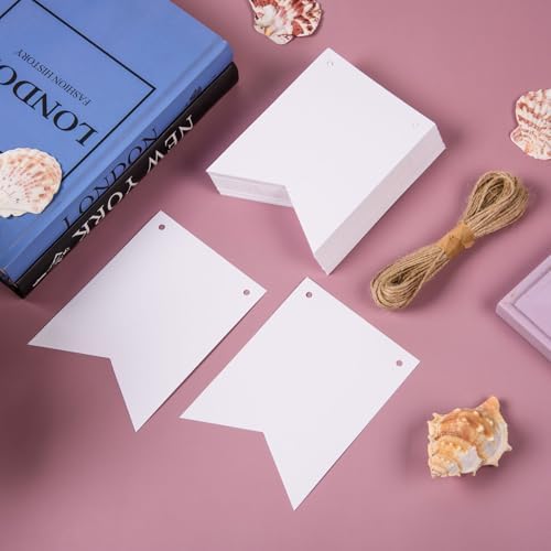 MixTeach 120 pcs Paper Banner Flags Cutouts White Swallowtail Banners Cut-Outs DIY Blank Paper Banner Die Cuts with String for School Classroom Birthday Wedding Celebration Party Supplies, 3.74 x 5 in