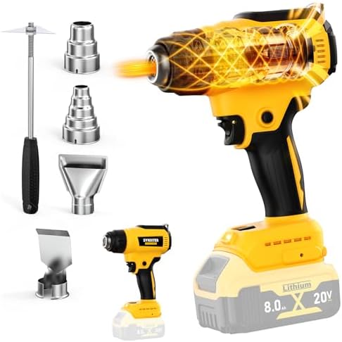 Cordless Heat Gun for Dewalt 20V Battery(NO Battery), 350W,LED Light,Fast Heating Soldering Hot Air Gun 1022℉-1328℉ Variable Temperature Control with 4pcs Nozzles&Scraper for Crafts, Shrink Wrap