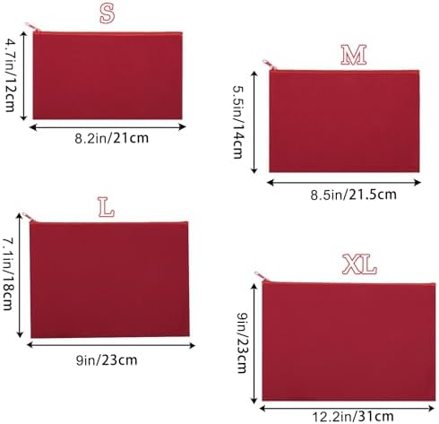 12 Pieces Cotton Canvas Makeup Bag, Multipurpose Cosmetic Bag with Zipper Travel Toiletry Pouch, Blank DIY Craft Bag (Red, XL)