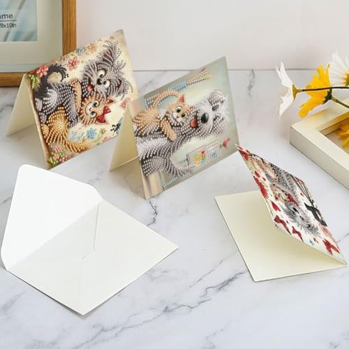 6 Pcs 5D Diamond Painting Greeting Cards Kits, Handmade Festival Greeting Cards with Envelopes DIY Diamond Art Crafts Birthday Cards Laser Effect for Birthdays Holidays Celebrations (Cat Dog Cuddling)