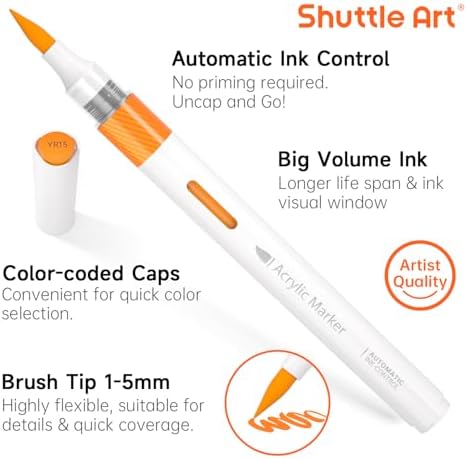 Shuttle Art Automatic Ink Control Acrylic Paint Markers, 60 Colors Brush Tip Acrylic Paint Pens for Rock, Ceramic, Wood, Canvas, Glass, Stone, Fabric, Card Making, DIY Football Crafts, FlipFunAlong