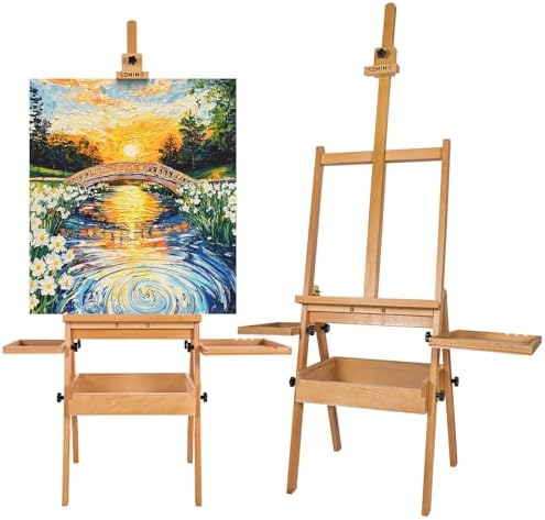 Wooden H-Frame Studio Easel with Storage Drawer and Palettes,Natural | Solid Beechwood Painting Easel for Students, Beginners, and Artists, Hold Canvas to 36Inches High