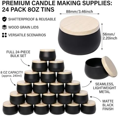 24 Pack 8 oz Candle Tins, Matte Black Metal Candle Jars with Wood Grain Lids, Empty Candle Containers Bulk for Candle Making Supplies, DIY Crafts, Storage & Gifts, Shatterproof Travel Vessels