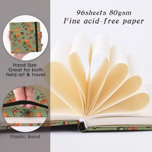 Handy Size 5 x 5 inches Sketch Book, 80GSM Acid Free Artistic Drawing Painting Writing Paper, Hardcover Cloth Cover Art Sketchbook,Journal Notebook.Green Ginkgo Bee