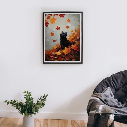 MIRCVSH Autumn Diamond Painting Kits for Adult Beginners,Black Cat and Fallen Leaves Diamond Art Kits for Adults,DIY Full Round Drill Gem Art Painting Crafts Kit for Home Wall Decor 12X16 Inch.