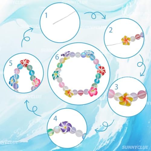 SUNNYCLUE 1 Box 150Pcs 6 Sets Flower Bracelet Making Kit Plumeria Flowers Beads with 10m Crystal String Summer Hawaii Ocean Beach Moonstone Beads for Jewelry Making Adults Supplies Adults Beginner