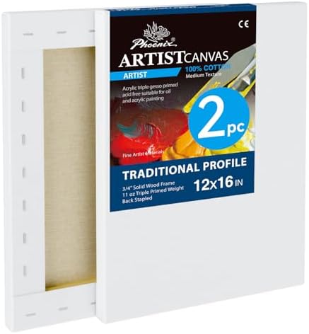 PHOENIX 12x16 Inch Pack of 2 Artist Canvas - Stretched Canvases for Painting - 3/4 Inch Profile, 100% Cotton 11 Oz. Gesso Primed White Blank Professional Canvas Oil & Acrylic Paints