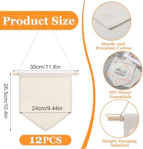 12PCS Blank Canvas Flag, Natural Canvas Banner Wall Hanging with Wooden Dowel for DIY Pin Display, Paint Decorations, Enamel Badge Collection (10.4" x 9.44")