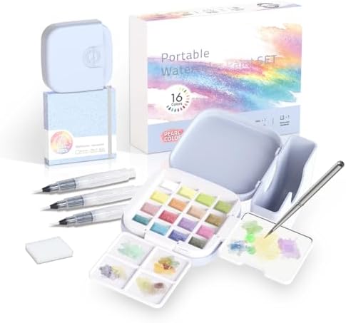 Mini Watercolor Paint Set, Compact Travel Art Kit with 16 Colors
