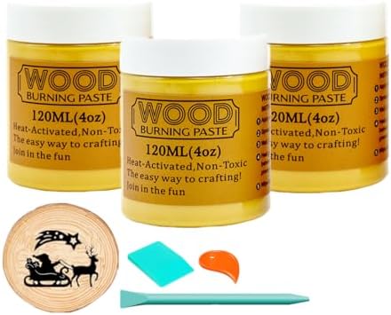 JAJADO 3 Jars Wood Burning Paste with 2 Squeegee, 4 OZ Wood Burning Gel Etching Cream Heat Activated Paste for Craft Wood Slice, Denim, Canavas, Wood Burning Marker Pen DIY Art Craft Tool