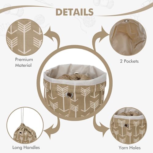 Yarn Bag, Small Knitting Crochet Bag, Portable Yarn Storage Bags Organizer for Crocheting Project, Store Skein Ball, Short Knitting Needle (Khaki)