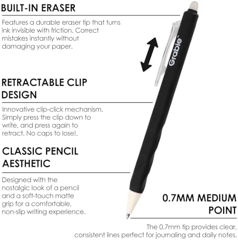 Grabie Erasable Gel Pens, 6 Black 0.7 mm Medium Point Pens | Heat-Sensitive Erasable Ink, Retractable Clip Design, Clean Erasing, Smooth Writing, Comfortable Grip, Quick Drying