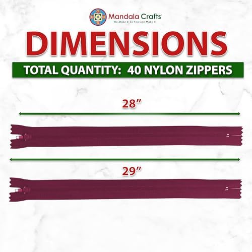 Mandala Crafts 40 PCs Maroon Closed-End 28 Inches Nylon Zippers for Sewing