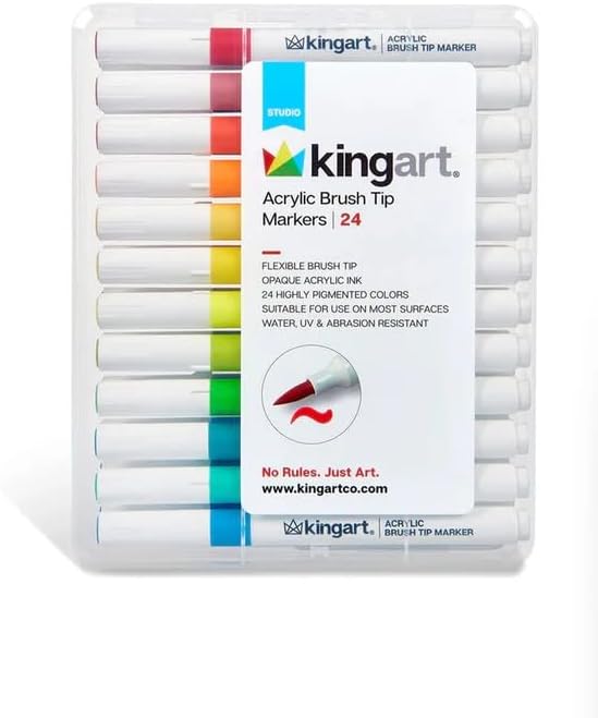 KINGART 24 Colors Acrylic Paint Markers, Brush Tip Pens for Stone, Wood, Calligraphy, Canvas, Ceramic, Metal, Glass, Rock Painting, DIY Crafts Art Supplies Kit
