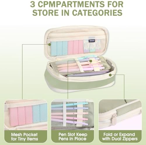 Aesthetic School Supplies with Cute Pencil Case, 12x Pastel Mechanical Pencils 0.5 & 0.7mm with 720x HB Leads, 4x Erasers and 1x Sticky Note, Suitable for Writing, Drafting Drawing Sketching(green)