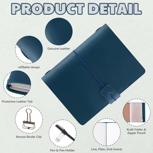 Thenshop Leather Travel Notebook 3 Inserts,Blue,Passport Size