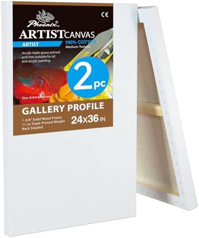 PHOENIX 24x36 Inch 2 Pack Gallery Canvas - 1.5 in Thick Extra Large Canvases for Painting - Deep Edge 100% Cotton 11 Oz. Gesso Primed White Blank Professional Canvas Oil & Acrylic Paints