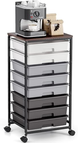 Rolling Storage Cart with 8 Drawers, Utility Cart on Wheels with Wooden Tabletop, Utility Cart for Teacher Storage, Office Organizer, Classroom Storage Cart, Craft Storage, Grey | Utility Cart on Wheels with Wooden Tabletop,Teacher Organization for Cla...
