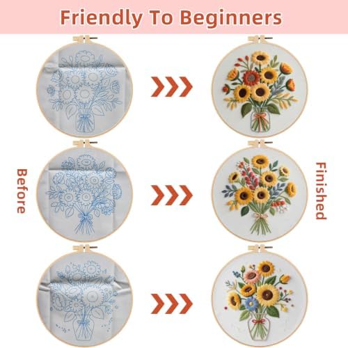 Herdiese Embroidery Kits for Beginners & Adults, 3 Sets Sunflower Patterns