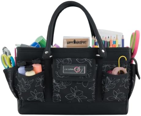 Everything Mary Deluxe Store & Tote Organizer – Black & White Floral Craft Bag with Handle – Collapsible Storage for Scrapbooking, Sewing, DIY Tools & Art Supplies