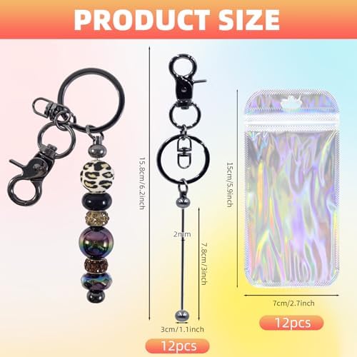 24 Pcs Beadable Keychains Bars bulk - 12 Grey DIY Metal Beaded Keychain Making Kit + 12 Bags Included, Bead Keychain Supplies,Blank Key Chain, Perfect for Women, Men, Mother's Day, Birthday Gift