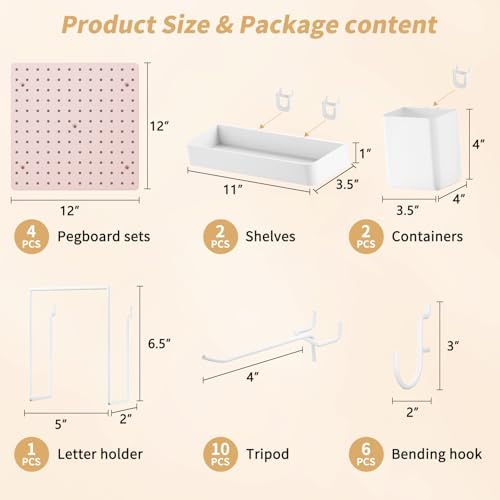 FZK Modular Plastic Pegboard Wall Organizer Kit, Pink, 12x12, 4 Panels