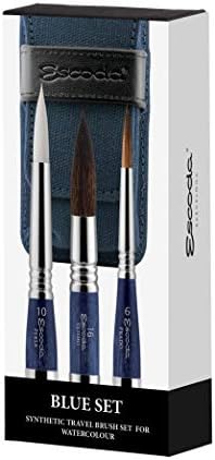 Escoda | Watercolour | Blue Travel Set | Size 6,10,16 | 3 Brushes | Synthetic White Toray + Tendo + Tame | Round Pointed