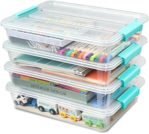 EOENVIVS 4 Pack Clear Storage Bins with Lids, A4 File Boxes, Green Latches